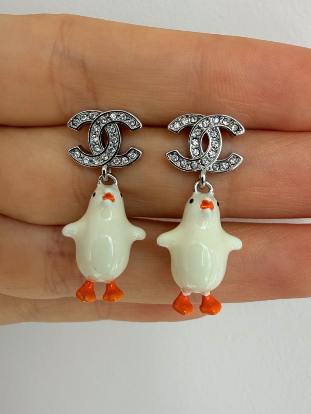 Chanel Metal, Resin & Strass Crystal CC Baby Chick Pendant Earrings